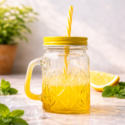 Verre avec paille martelé-Mason Jar Martelé- 45Cl