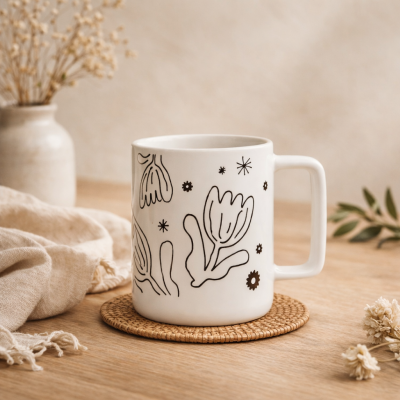 Mug en céramique blanche - Motif Jardin Abstrait -  350ML