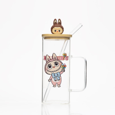 Tasse en verre avec couvercle et paille – Lapin