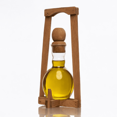 Bouteille à huile en verre avec support en bois